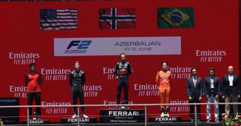 Dennis Hauger takes first F2 Feature Race win after Vips crashes out