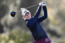 In this Getty Images photo, Nelly Korda of the United States tees off on the fourth hole during the final round of the Fir Hills Seri Pak Championship at Palos Verdes Golf Club in Palos Verdes Estates, California, on March 24, 2024. (Yonhap)