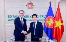 Minister of Natural Resources and Environment Dang Quoc Khanh (R) and Dutch Minister of Infrastructure and Water Management Mark Harbers at the meeting in Hanoi on March 18. (Photo: baotainguyenmoitruong.vn)