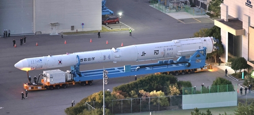 Nuri, South Korea's homegrown space rocket, is installed on the launchpad at the Naro Space Center in Goheung, South Jeolla Province, southwestern South Korea, on Oct. 6, 2026, one day before the country is expected to launch the rocket for the fifth time, in this exposure photo provided by the state-run Korea Aerospace Research Institute. (PHOTO NOT FOR SALE) (Yonhap) (END)
