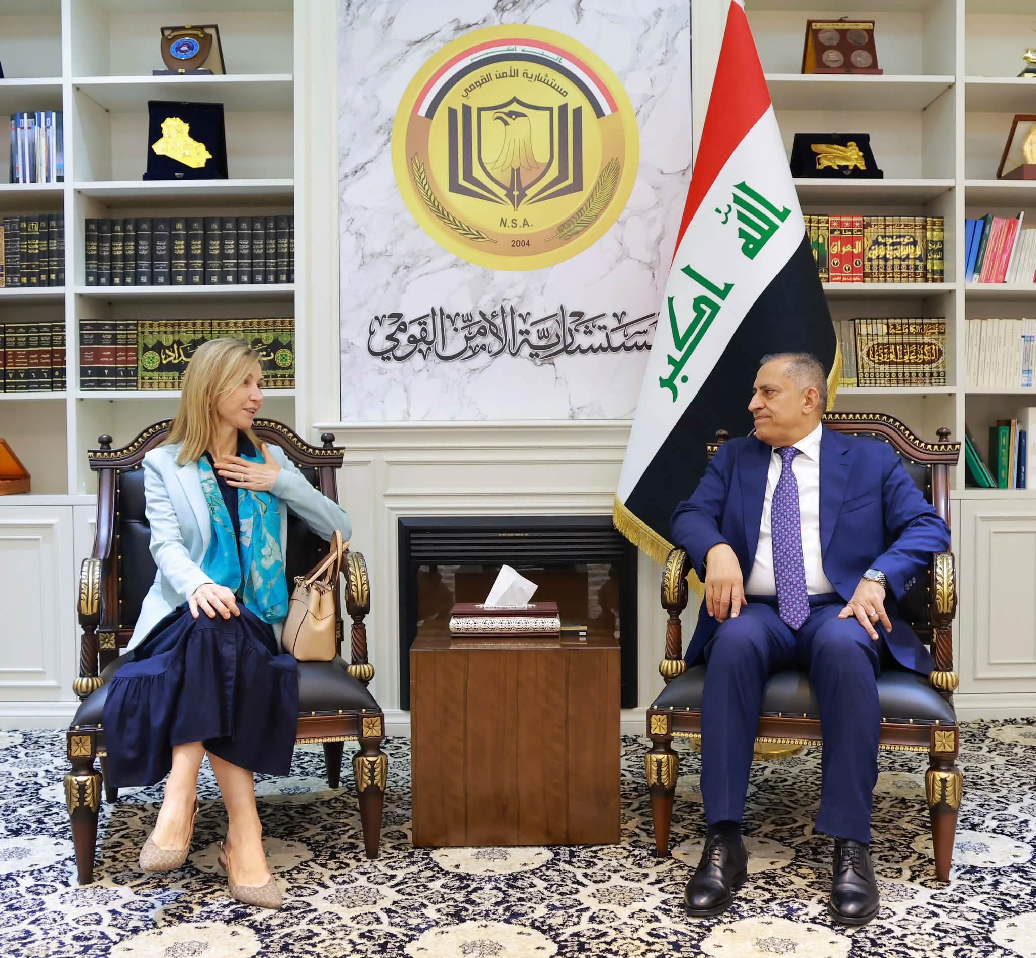 National Security Adviser Qasim Al-Aboudi (right) Spain’s Ambassador to Baghdad, Alicia Rico Pérez del Pulgar (left) 