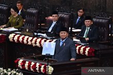 Indonesian President Prabowo Subianto delivers his speech on the 2027 Draft State Budget and Financial Note