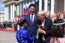 President of Mongolia Khurelsukh Ukhnaa and First Lady Bolortsetseg Luvsandorj welcomed President of the Republic of Slovenia Nataša Pirc Musar and First Gentleman Aleš Musar at Sukhbaatar Square.