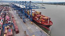 Loading and unloading export goods at Hai Phong international container terminal in Hai Phong city (Photo: VNA)