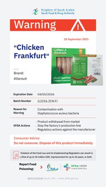 SFDA Issues Warning Against Altarouti Chicken Frankfurt Due to Contamination with Staphylococcus Aureus Bacteria