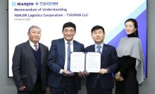 This photo taken on March 19, 2024, and provided by Hanjin Logistics Corp. shows (from L) B. Purevchuluun, vice president of the Transit Division at Tuushin LLC, Tuushin President Zorigt Namsraijav, Hanjin Logistics President and CEO Noh Sam-sug, and Hanjin Logistics President and CMO Cho Hyun-min posing for a photo after signing an MOU in Seoul for logistics partnership in Mongolia. (PHOTO NOT FOR SALE) (Yonhap)