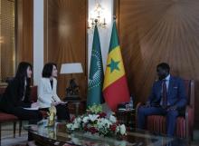 Second Vice Foreign Minister Kang In-sun (2nd from L) talks with Senegalese President Bassirou Faye during a meeting in the Western African country on May 2, 2024 (local time), in this photo provided by Seoul's foreign ministry. (PHOTO NOT FOR SALE) (Yonhap)