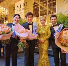 Sumi Jo (3rd from L) and three winners of the inaugural Sumi Jo Vocal Competition pose for photos at the Chateau de la Ferte-Imbault in France on July 12, 2024. (Yonhap)