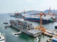 The Wally Schirra, a U.S. Navy logistics ship, arrives at Hanwha Ocean's shipyard in Geoje, some 330 kilometers south of Seoul, on Sept. 2, 2024, in this photo provided by Hanwha Ocean Co. (PHOTO NOT FOR SALE) (Yonhap)