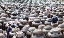 Employees at a farm in Anseong, Gyeonggi Province, clean dust off jars that accumulated during the winter at a traditional Korean outdoor storage area for "doenjang," a fermented soybean paste, on a warm spring day on March 27, 2024. (Yonhap)