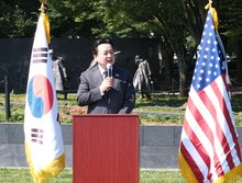 South Korea's Ambassador to the U.S. Cho Hyun-dong speaks during an event marking the 75th anniversary of the Korean War's outbreak at the Korean War Veterans Memorial in Washington on June 25, 2025. (Yonhap)