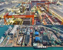This composite file photo shows the shipyards of HD Hyundai Heavy Industries Co. (above) and HD Hyundai Mipo Dockyard Co. (PHOTO NOT FOR SALE) (Yonhap)