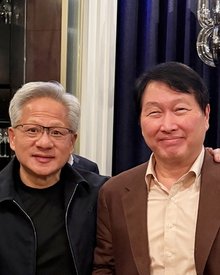 This image, posted on SK Group's Facebook account on June 2, 2026, shows Jensen Huang (L), chief executive officer (CEO) of U.S. chip giant Nvidia Corp., with SK Group Chairman Chey Tae-won in Taipei. (PHOTO NOT FOR SALE) (Yonhap)