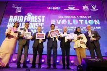 Sarawak’s Minister for Tourism, Creative Industry, and Performing Arts, Abdul Karim Rahman Hamzah (centre), at the launch of the 27th edition of the Rainforest World Music Festival (RWMF) in Kuching on Friday.  The Grammy and Golden Globe award-winning legendary artist Kitaro is among those who have been lined up to perform at RWMF 2024.