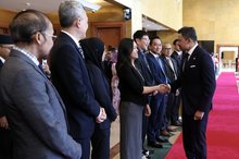 BANDAR SERI BEGAWAN, May 7 -- Brunei Crown Prince Pengiran Muda Mahkota Al-Muhtadee Billah Sultan Hassanal Bolkiah who is also the Senior Minister at the Prime Minister's Office shakes hand with Deputy Minister of Communications Teo Nie Ching during the 17th Conference of ASEAN Ministers Responsible For Information (AMRI) opening ceremony, held in a hotel here today.  --fotoBERNAMA (2025) COPYRIGHT RESERVED