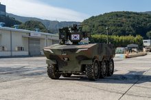 This photo, provided by Hanwha Aerospace Co., shows the Arion-SMET multipurpose unmanned ground vehicle (UGV) at the company's manufacturing facility in Changwon, about 300 kilometers southeast of Seoul, on Sept. 14, 2026. (PHOTO NOT FOR SALE) (Yonhap)