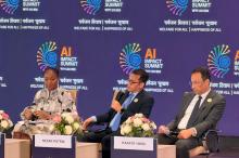 Deputy Minister of Communication and Digital Affairs Nezar Patria (middle) speaks at the India AI Impact Summit 2026 in New Delhi, Thursday (Feb 19, 2026). (ANTARA)