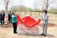 Nguyen Thi Thu Ha, Vice President and General Secretary of the Vietnam Fatherland Front Central Committee, and Xian Hui, Vice Chairwoman and the Chinese People’s Political Consultative Conference National Committee, unveil a stone marking the friendship forest between the two organisations in Nanning on April 22 (Photo: VNA)