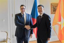 Czech Foreign Minister Jan Lipavsky (L) shakes hands with Vietnamese Ambassador to the European country Duong Hoai Nam (Photo: VNA)