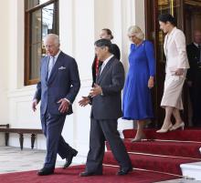 Japan's Emperor Naruhito and Empress Masako bid farewell to Britain's King Charles and Queen Camilla at Buckingham Palace in London on June 27, 2024. (Pool photo)(Kyodo)