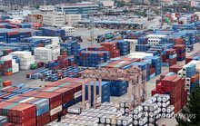 This file photo taken Oct. 1, 2026, shows containers stacked at a port in the southeastern city of Busan. (Yonhap)
