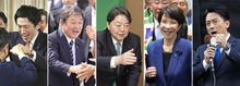 Combined photo shows the five candidates in the Liberal Democratic Party leadership race -- (from L) former Economic Security Minister Takayuki Kobayashi, former Foreign Minister Toshimitsu Motegi, Chief Cabinet Secretary Yoshimasa Hayashi, former internal affairs minister Sanae Takaichi and farm minister Shinjiro Koizumi. (Kyodo)