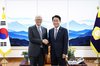 National Assembly Speaker Cho Jeong-sik (R) poses for a photo with American billionaire and founder of TerraPower Bill Gates during their meeting at the parliamentary building in Seoul on Aug. 14, 2026, in this photo released by Cho's office. (PHOTO NOT FOR SALE) (Yonhap) (END)