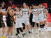 South Korean players celebrate after defeating Malaysia 106-40 in a women's basketball group-stage game at the Asian Games at Aichi International Arena in Nagoya, central Japan, on Sept. 18, 2026. (Yonhap) (END)