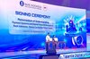 Bank Indonesia Governor Destry Damayanti displays a memorandum of understanding signed with Helder Lopes, governor of the central bank of Timor-Leste