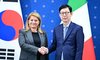 First Vice Foreign Minister Park Yoon-joo (R) shakes hands with his Italian counterpart, Maria Tripodi, as they meet for talks in Seoul in this photo provided by the foreign ministry on Feb. 11, 2026. (PHOTO NOT FOR SALE) (Yonhap)