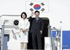 President Lee Jae Myung (R) and first lady Kim Hea Kyung leave Italy's Leonardo da Vinci International Airport for Geneva on June 16, 2026. (Yonhap)