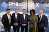 This photo provided by Hyundai Glovis shows Pennsylvania Gov. Josh Shapiro (C), Philadelphia Mayor Cherelle Parker (2nd from R) and Glovis America Chief Executive Officer Scott Cornell (2nd from L), among other key attendees, at ceremony held at the Port of Philadelphia on Oct. 13, 2026. (PHOTO NOT FOR SALE) (Yonhap)