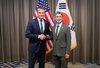 Defense Minister Kang Shin-chul (R) poses with U.S. Defense Secretary Pete Hegseth during their bilateral talks ahead of the ASEAN Defense Ministers' Meeting Plus in Cebu, the Philippines, on Oct. 28, 2026, in this photo provided by South Korea's defense ministry. (PHOTO NOT FOR SALE) (Yonhap)