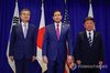 South Korean Foreign Minister Cho Hyun (L), U.S. Secretary of State Marco Rubio (C) and Japanese Foreign Minister Toshimitsu Motegi pose for a photo before their trilateral talks in New York on Sept. 21, 2026, in this file photo released by the Associated Press. (Pool photo) (Yonhap)