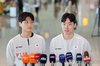 South Korean men's doubles badminton players Kim Won-ho (L) and Seo Seung-jae speak to reporters at Incheon International Airport, west of Seoul, on Aug. 14, 2026, before departing for New Delhi for the Badminton World Federation World Championships. (Yonhap)