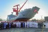 A launching ceremony for the BAP Chimbote, a Peruvian landing vessel built jointly by HD Hyundai Heavy Industries Co. and SIMA, is held at SIMA's shipyard in Peru on Aug. 18, 2026, in this photo captured from Peruvian President Keiko Fujimori's official homepage. (PHOTO NOT FOR SALE) (Yonhap)