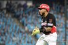 Harold Castro of the Kia Tigers celebrates after hitting a two-run home run against the Samsung Lions during Game 1 of the second round in the Korea Baseball Organization postseason at Daegu Samsung Lions Park in the southeastern city of Daegu on Oct. 26, 2026. (Yonhap)