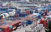 This file photo taken Oct. 1, 2026, shows containers stacked at a port in the southeastern city of Busan. (Yonhap)