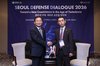 Vice Defense Minister Lee Doo-hee (L) poses with Atsushi Ando, a vice ministerial-level official of Japan's defense ministry, during their talks on the sidelines of the Seoul Defense Dialogue at The Grand Lotte hotel in Seoul on Sept. 8, 2026, in this photo provided by Seoul's defense ministry. (PHOTO NOT FOR SALE) (Yonhap)