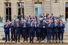 South Korean President Lee Jae Myung (5th from L, F) and French President Emmanuel Macron (6th from L, F) pose for a photo with participants at a business roundtable in Paris on Sept. 8, 2026, in this pool photo. (PHOTO NOT FOR SALE) (Yonhap)