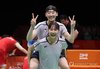 Baek Hana (front) and Lee So-hee of South Korea celebrate after winning gold in the women's doubles badminton event at the Aichi-Nagoya Asian Games at Ichinomiya City Municipal Gymnasium in Ichinomiya, Japan, on Sept. 29, 2026. (Yonhap)